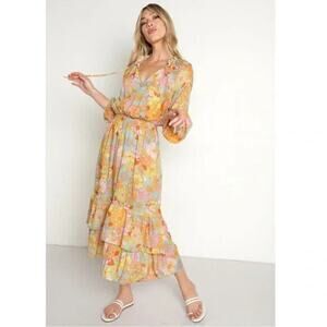 Show Me Your Mumu Women's Cait Midi Dress Groovy Blooms Floral Boho Ruffle Sz M